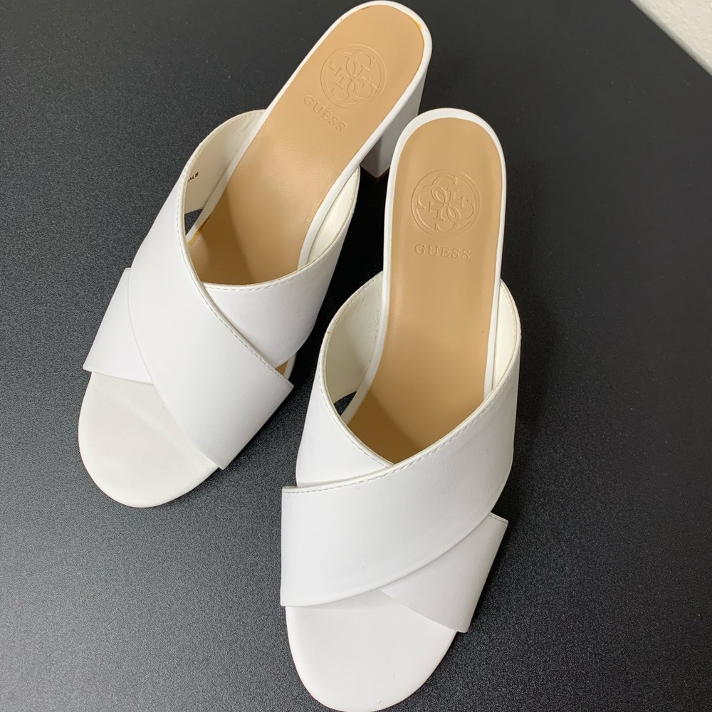 Guess white chunky heels